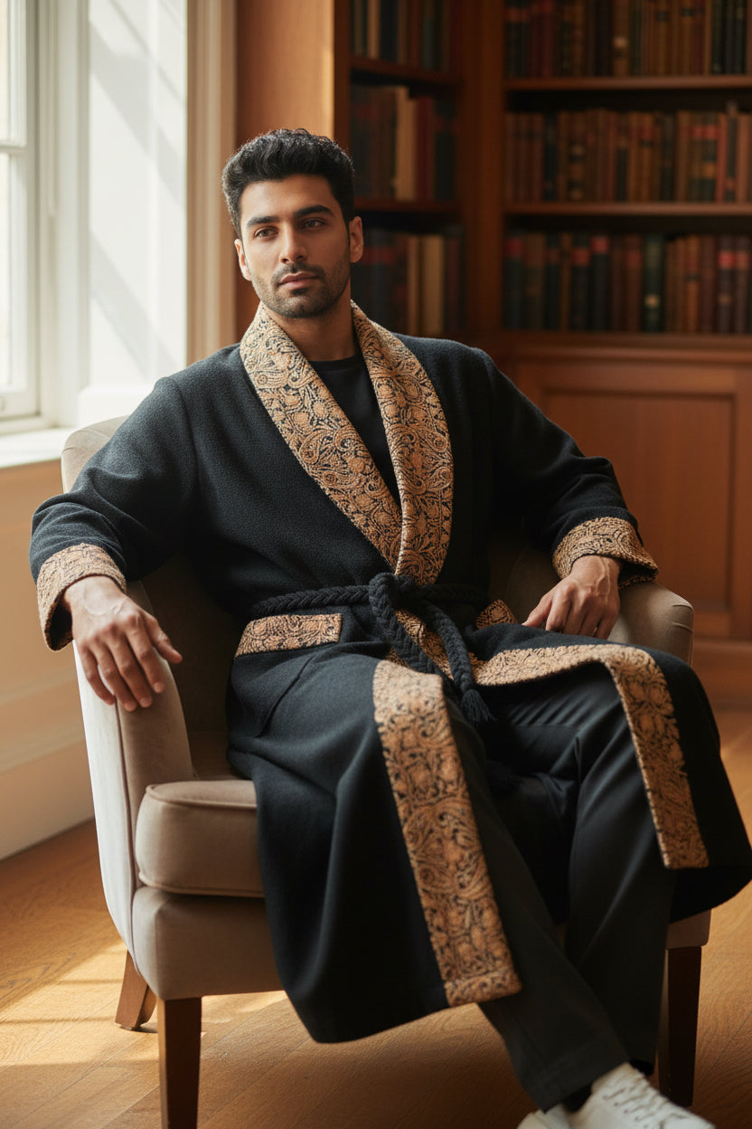 Men Woolen Nightgown Dressing Gown Sleep And Lounge Wear With Kashmiri Embroidery Free Size -Black-13