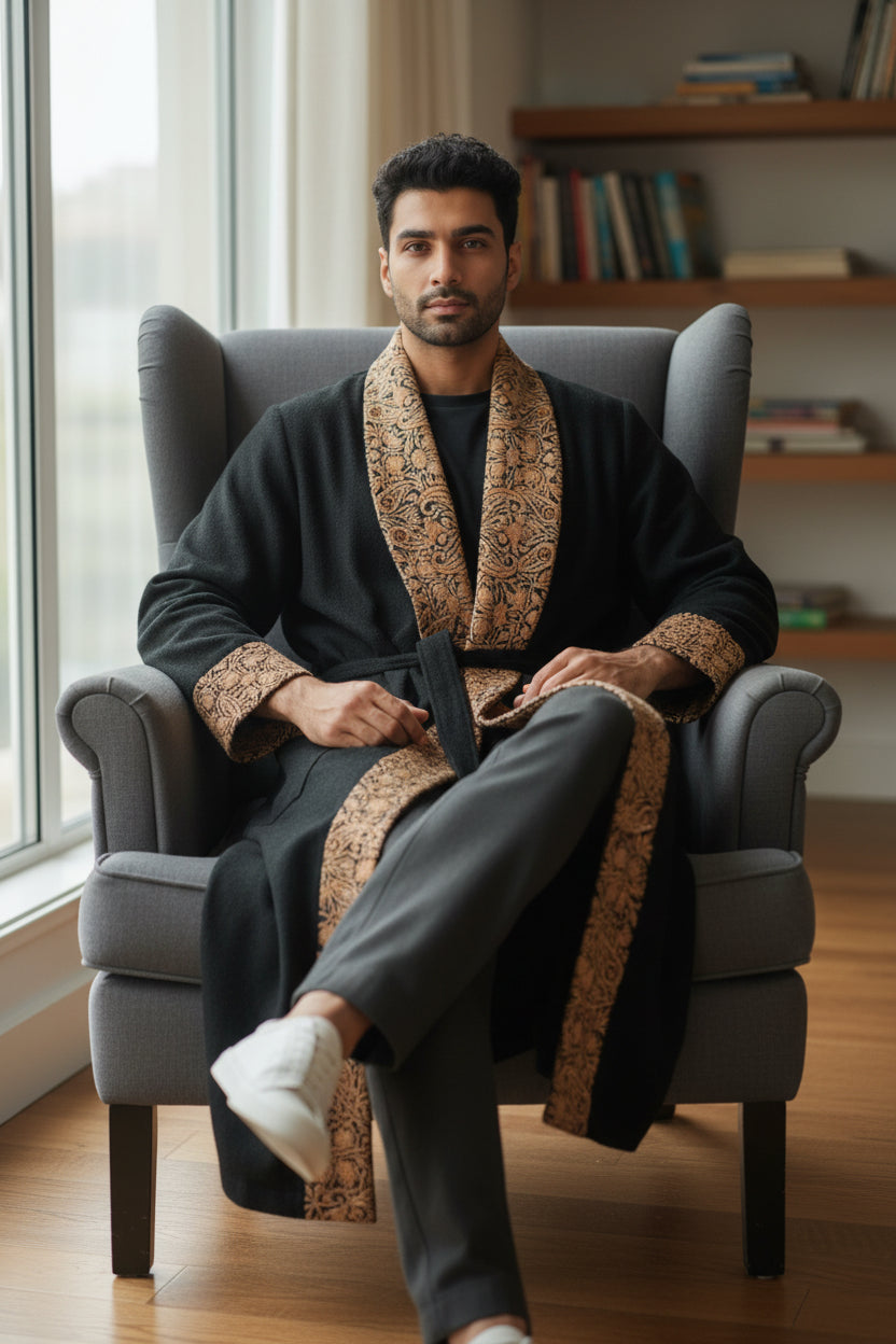 Men Woolen Nightgown Dressing Gown Sleep And Lounge Wear With Kashmiri Embroidery Free Size -Black-13