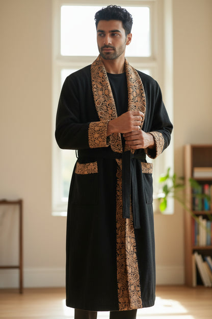 Men Woolen Nightgown Dressing Gown Sleep And Lounge Wear With Kashmiri Embroidery Free Size -Black-13