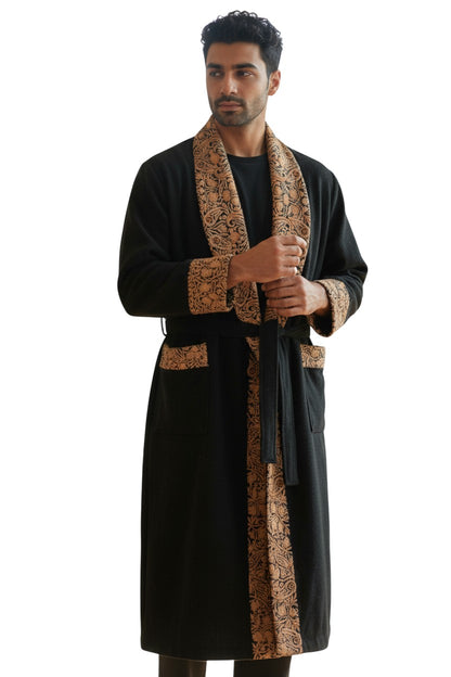 Men Woolen Nightgown Dressing Gown Sleep And Lounge Wear With Kashmiri Embroidery Free Size -Black-13