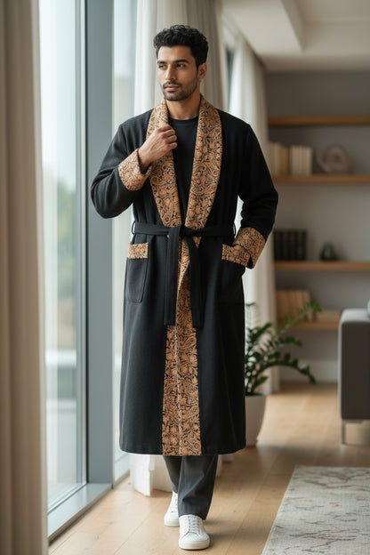 Men Woolen Nightgown Dressing Gown Sleep And Lounge Wear With Kashmiri Embroidery Free Size -Black-13