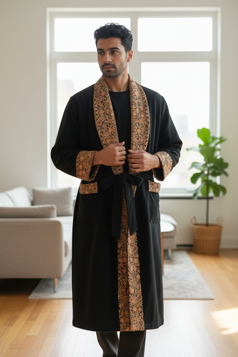 Men Woolen Nightgown Dressing Gown Sleep And Lounge Wear With Kashmiri Embroidery Free Size -Black-13