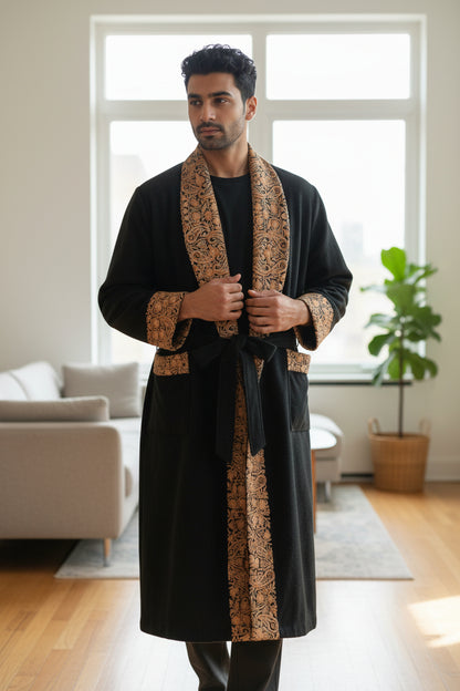 Men Woolen Nightgown Dressing Gown Sleep And Lounge Wear With Kashmiri Embroidery Free Size -Black-13