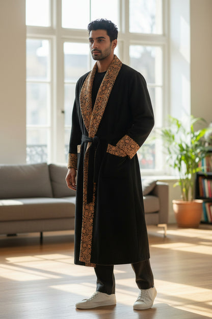 Men Woolen Nightgown Dressing Gown Sleep And Lounge Wear With Kashmiri Embroidery Free Size -Black-13
