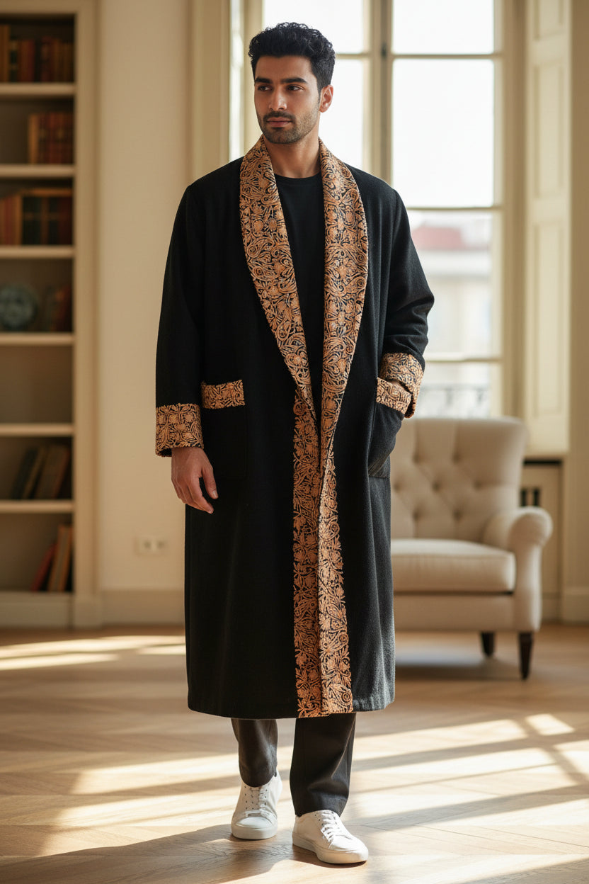 Men Woolen Nightgown Dressing Gown Sleep And Lounge Wear With Kashmiri Embroidery Free Size -Black-13