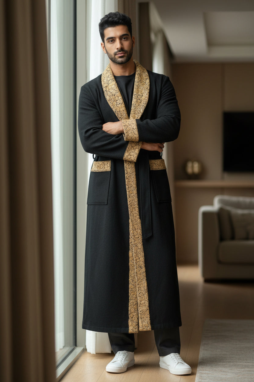 Men Woolen Nightgown Dressing Gown Sleep And Lounge Wear With Kashmiri Embroidery Free Size - Black9