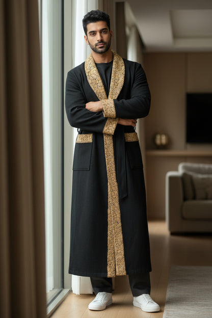Men Woolen Nightgown Dressing Gown Sleep And Lounge Wear With Kashmiri Embroidery Free Size - Black9