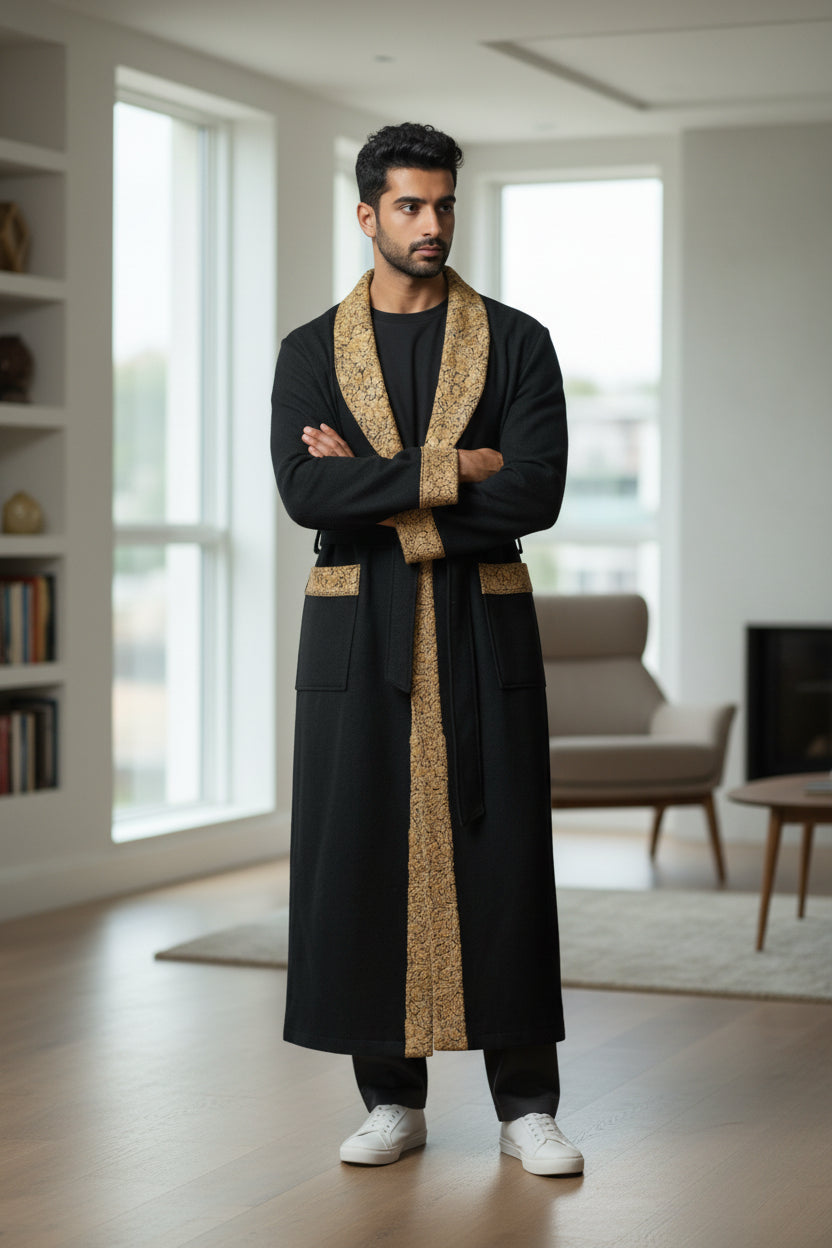 Men Woolen Nightgown Dressing Gown Sleep And Lounge Wear With Kashmiri Embroidery Free Size - Black9