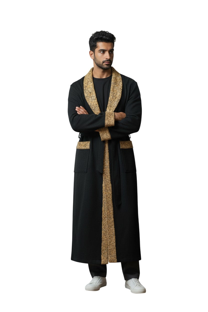 Men Woolen Nightgown Dressing Gown Sleep And Lounge Wear With Kashmiri Embroidery Free Size - Black9