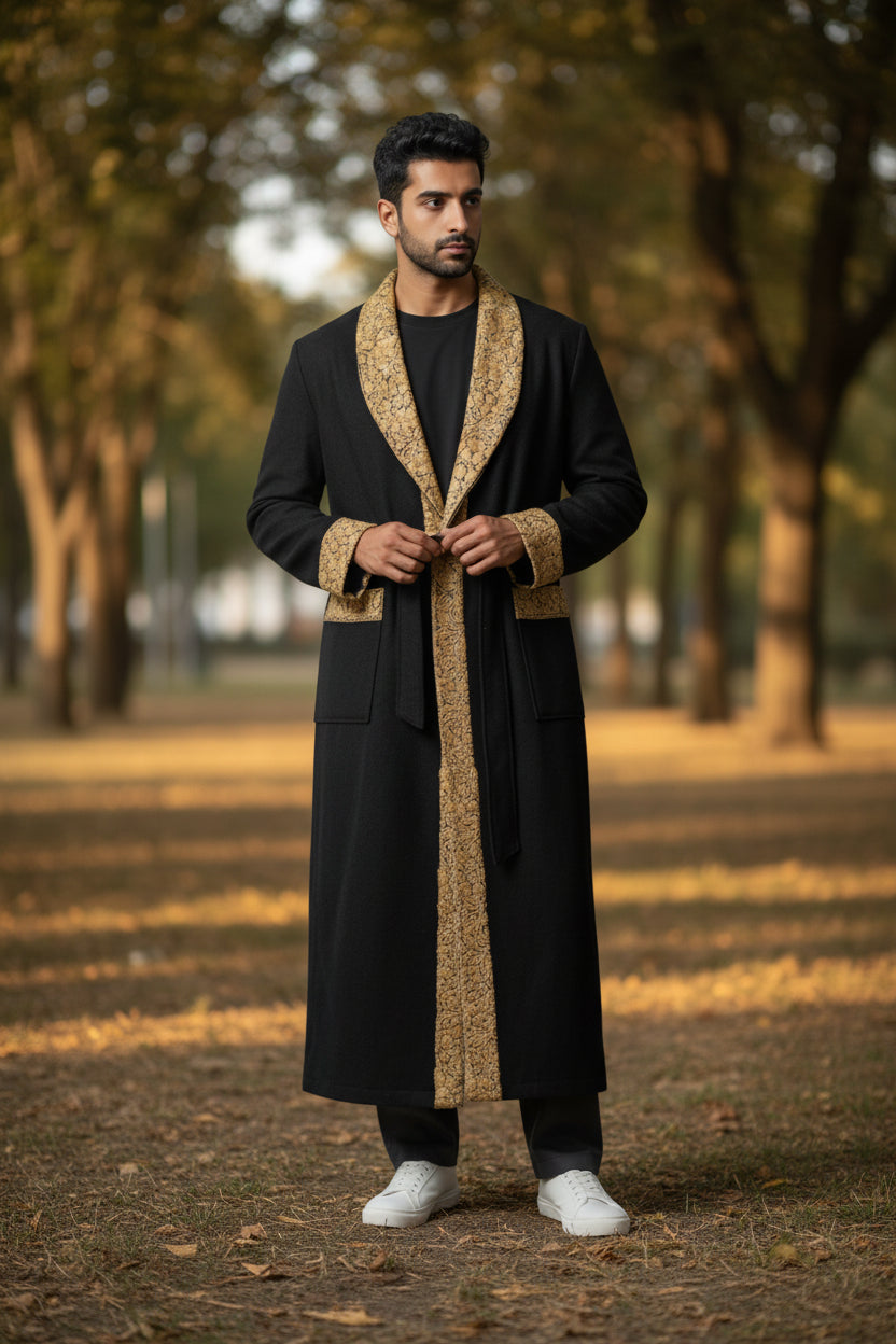 Men Woolen Nightgown Dressing Gown Sleep And Lounge Wear With Kashmiri Embroidery Free Size - Black9