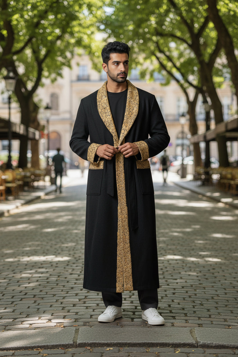 Men Woolen Nightgown Dressing Gown Sleep And Lounge Wear With Kashmiri Embroidery Free Size - Black9