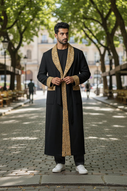 Men Woolen Nightgown Dressing Gown Sleep And Lounge Wear With Kashmiri Embroidery Free Size - Black9