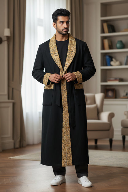Men Woolen Nightgown Dressing Gown Sleep And Lounge Wear With Kashmiri Embroidery Free Size - Black9