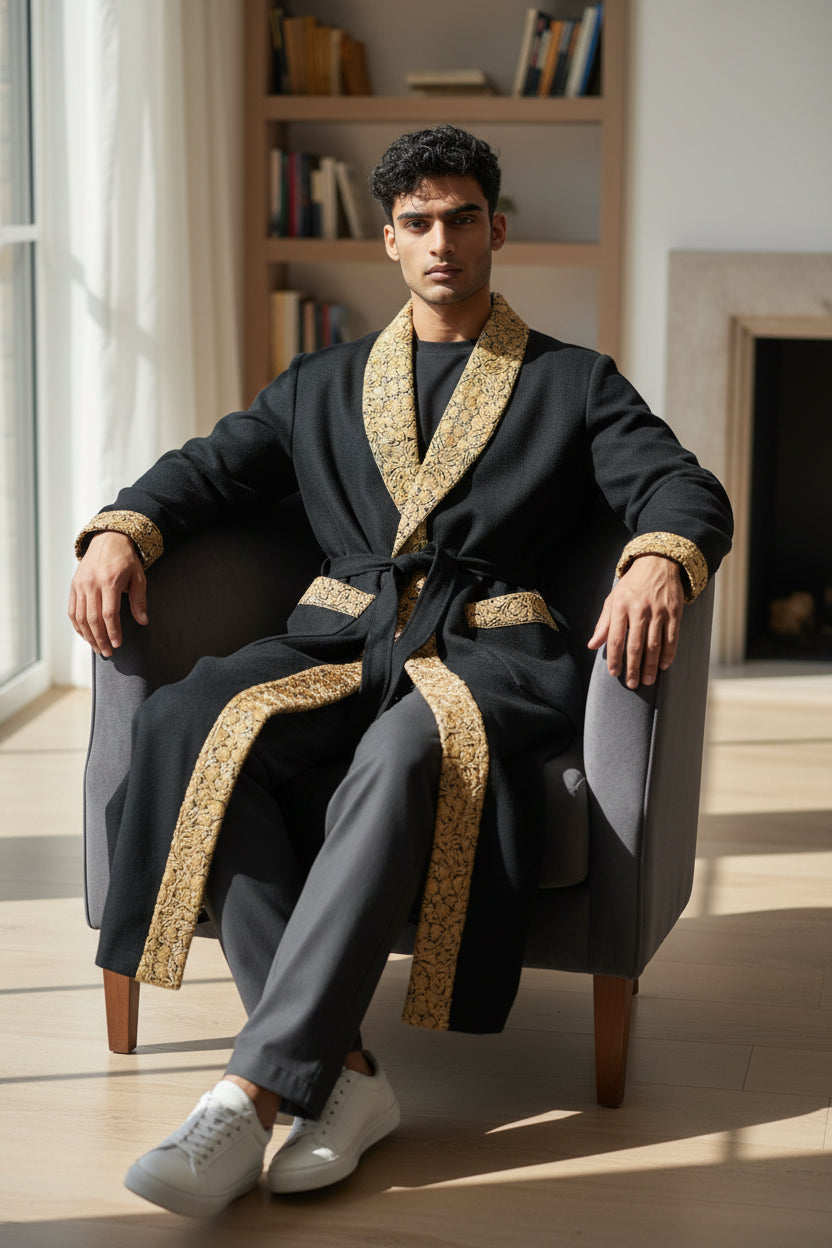 Men Woolen Nightgown Dressing Gown Sleep And Lounge Wear With Kashmiri Embroidery Free Size - Black9
