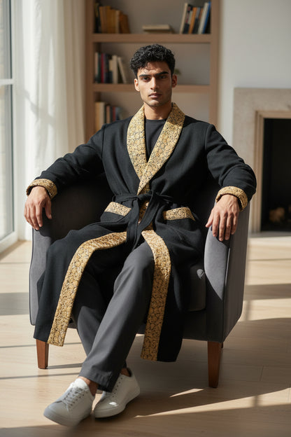 Men Woolen Nightgown Dressing Gown Sleep And Lounge Wear With Kashmiri Embroidery Free Size - Black9