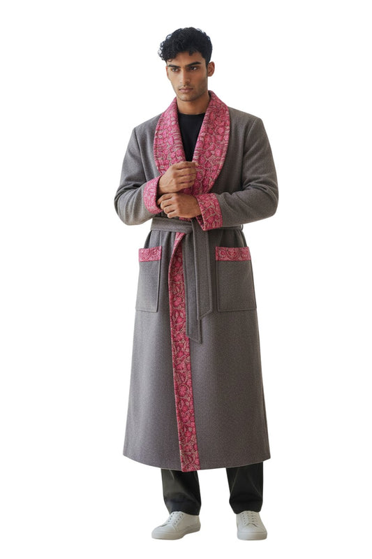 Men Woolen Nightgown Dressing Gown Sleep And Lounge Wear With Kashmiri Embroidery Free Size - White