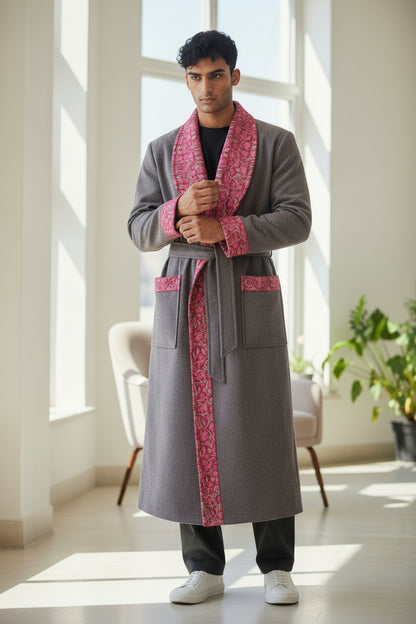 Men Woolen Nightgown Dressing Gown Sleep And Lounge Wear With Kashmiri Embroidery Free Size - White