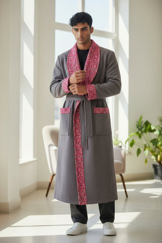 Men Woolen Nightgown Dressing Gown Sleep And Lounge Wear With Kashmiri Embroidery Free Size - White