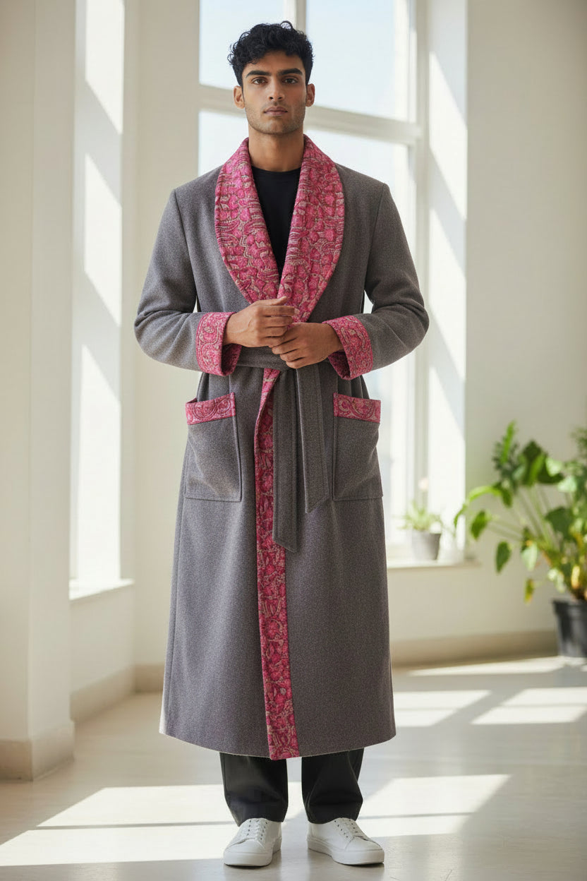Men Woolen Nightgown Dressing Gown Sleep And Lounge Wear With Kashmiri Embroidery Free Size - White