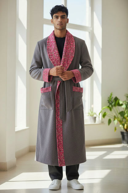 Men Woolen Nightgown Dressing Gown Sleep And Lounge Wear With Kashmiri Embroidery Free Size - White
