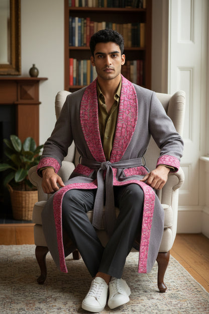 Men Woolen Nightgown Dressing Gown Sleep And Lounge Wear With Kashmiri Embroidery Free Size - White