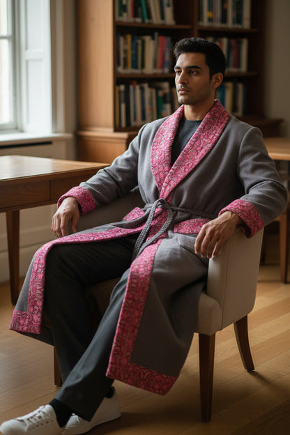 Men Woolen Nightgown Dressing Gown Sleep And Lounge Wear With Kashmiri Embroidery Free Size - White