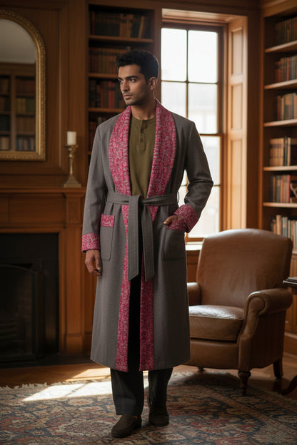 Men Woolen Nightgown Dressing Gown Sleep And Lounge Wear With Kashmiri Embroidery Free Size - White
