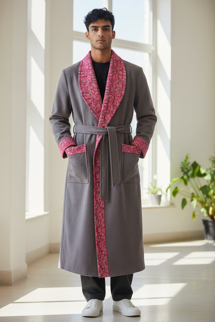 Men Woolen Nightgown Dressing Gown Sleep And Lounge Wear With Kashmiri Embroidery Free Size - White