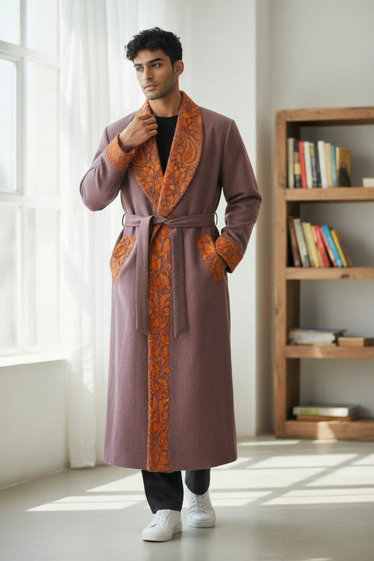 Men Woolen Nightgown Dressing Gown Sleep And Lounge Wear With Kashmiri Embroidery Free Size - Dusty Mauve