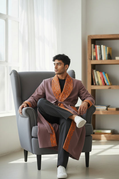 Men Woolen Nightgown Dressing Gown Sleep And Lounge Wear With Kashmiri Embroidery Free Size - Dusty Mauve