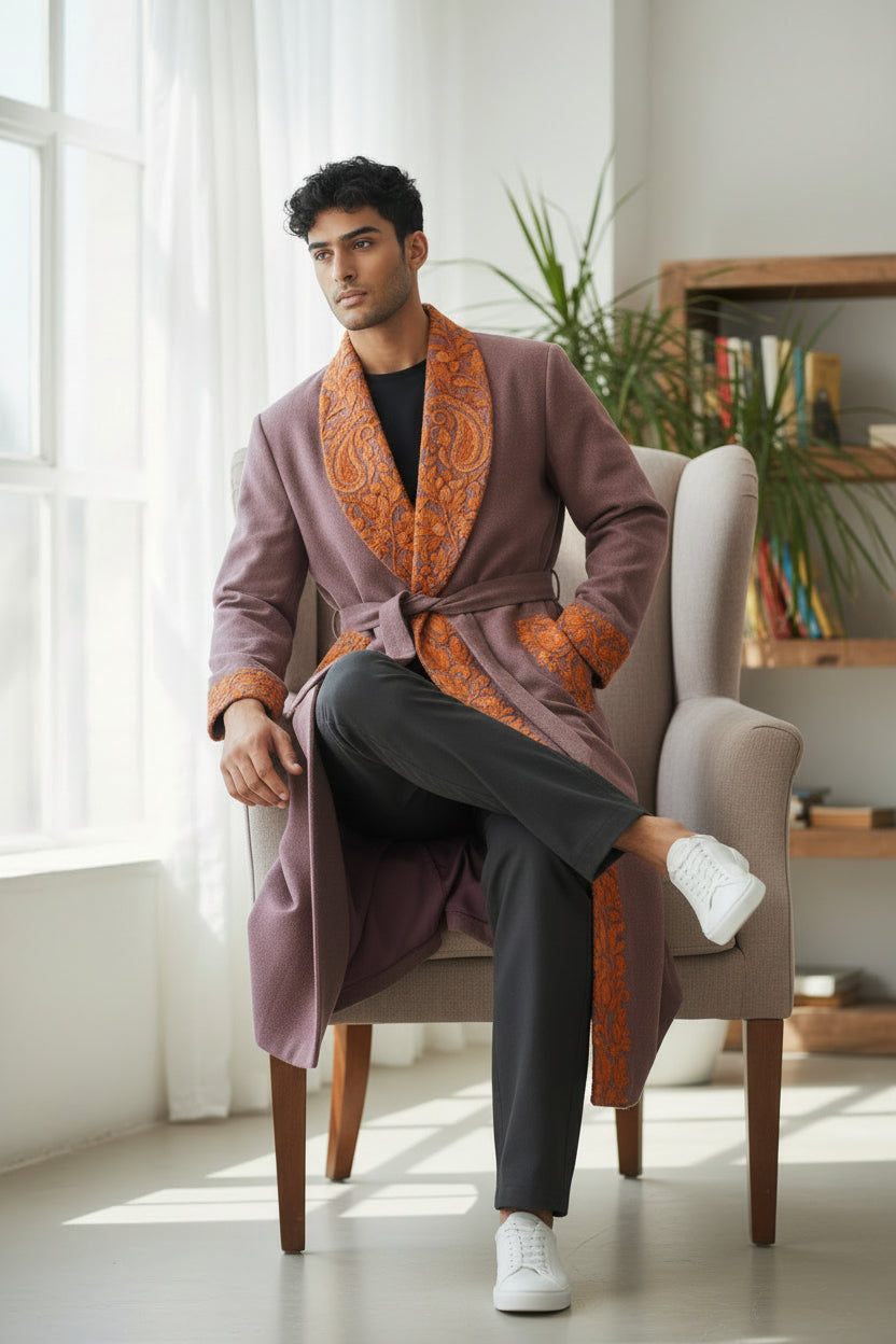 Men Woolen Nightgown Dressing Gown Sleep And Lounge Wear With Kashmiri Embroidery Free Size - Dusty Mauve