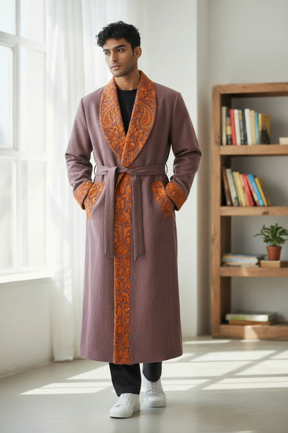 Men Woolen Nightgown Dressing Gown Sleep And Lounge Wear With Kashmiri Embroidery Free Size - Dusty Mauve