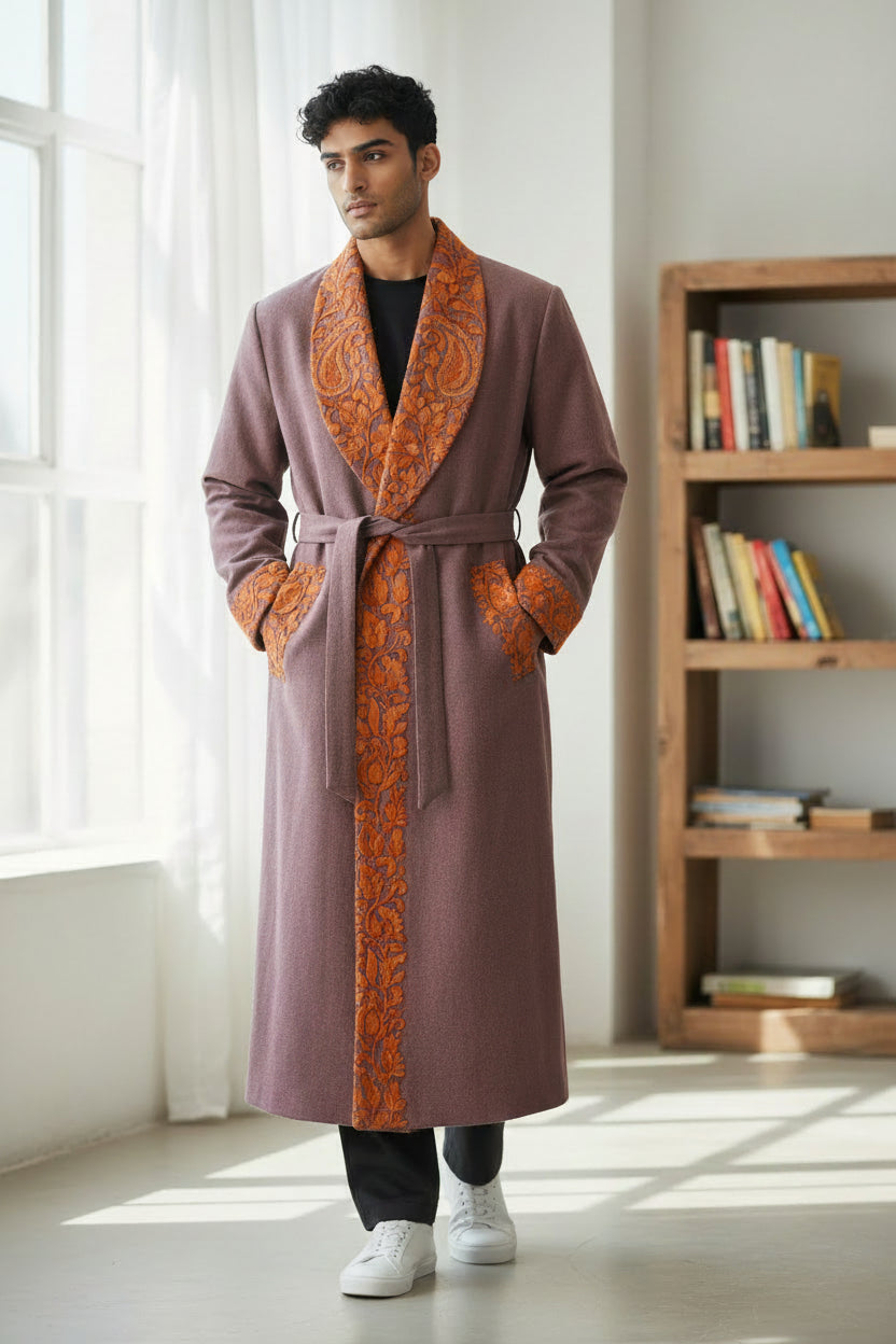 Men Woolen Nightgown Dressing Gown Sleep And Lounge Wear With Kashmiri Embroidery Free Size - Dusty Mauve
