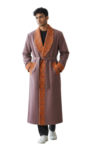 Men Woolen Nightgown Dressing Gown Sleep And Lounge Wear With Kashmiri Embroidery Free Size - Dusty Mauve