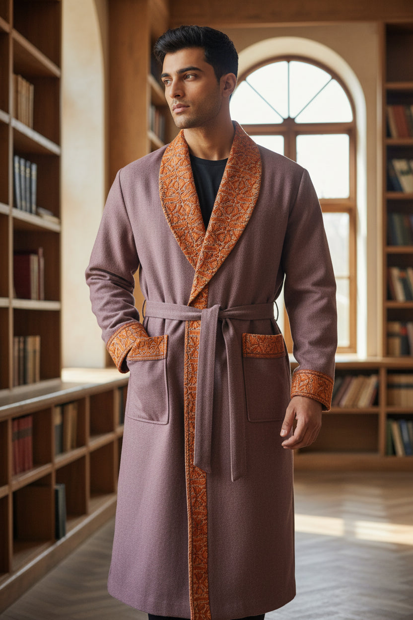 Men Woolen Nightgown Dressing Gown Sleep And Lounge Wear With Kashmiri Embroidery Free Size - Dusty Mauve