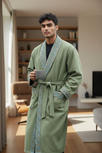 Men Woolen Nightgown Dressing Gown Sleep And Lounge Wear With Kashmiri Embroidery Free Size - Light Green-4