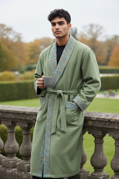 Men Woolen Nightgown Dressing Gown Sleep And Lounge Wear With Kashmiri Embroidery Free Size - Light Green-4
