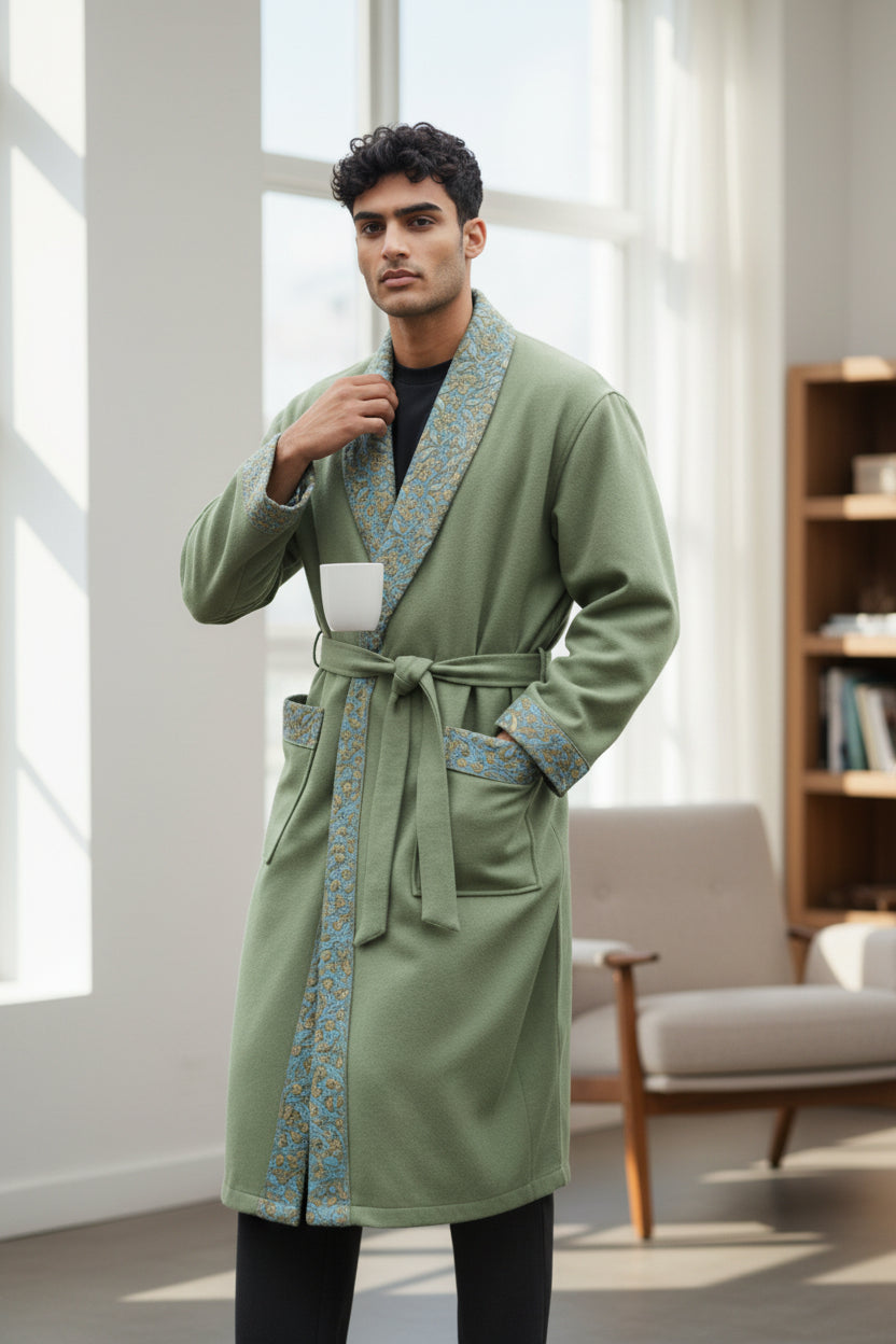 Men Woolen Nightgown Dressing Gown Sleep And Lounge Wear With Kashmiri Embroidery Free Size - Light Green-4