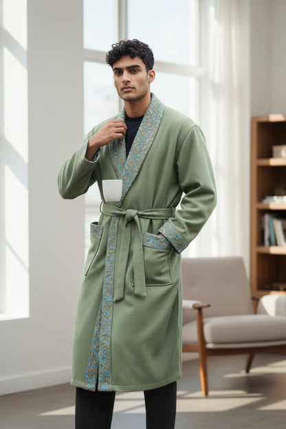 Men Woolen Nightgown Dressing Gown Sleep And Lounge Wear With Kashmiri Embroidery Free Size - Light Green-4
