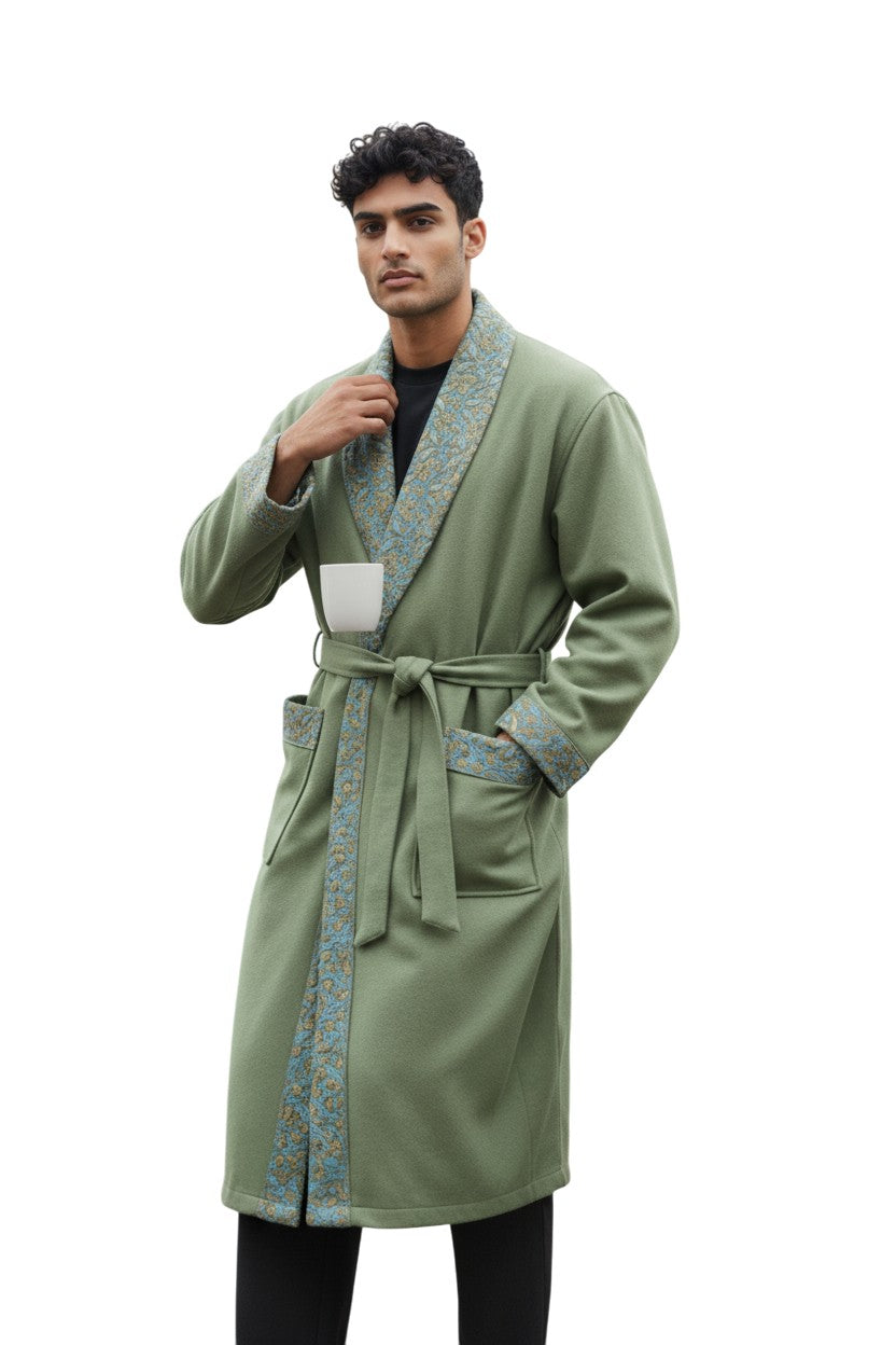 Men Woolen Nightgown Dressing Gown Sleep And Lounge Wear With Kashmiri Embroidery Free Size - Light Green-4