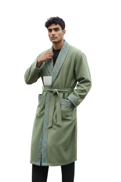 Men Woolen Nightgown Dressing Gown Sleep And Lounge Wear With Kashmiri Embroidery Free Size - Light Green-4