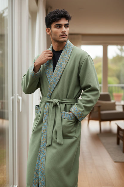 Men Woolen Nightgown Dressing Gown Sleep And Lounge Wear With Kashmiri Embroidery Free Size - Light Green-4