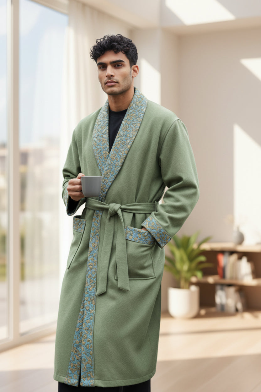 Men Woolen Nightgown Dressing Gown Sleep And Lounge Wear With Kashmiri Embroidery Free Size - Light Green-4