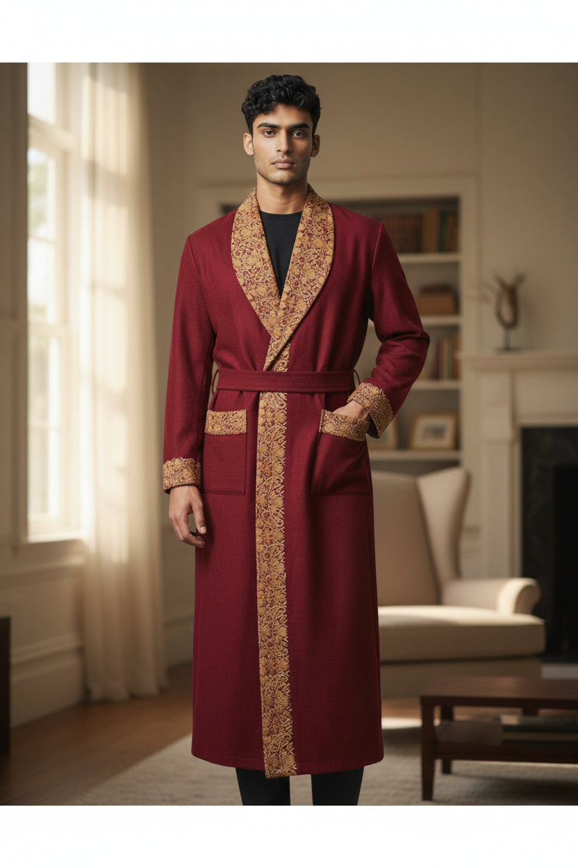 Men Woolen Nightgown Dressing Gown Sleep And Lounge Wear With Kashmiri Charming Embroidery Free Size-maroon