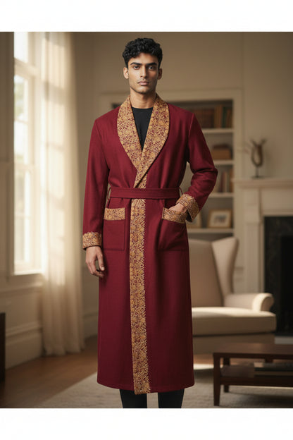 Men Woolen Nightgown Dressing Gown Sleep And Lounge Wear With Kashmiri Charming Embroidery Free Size-maroon