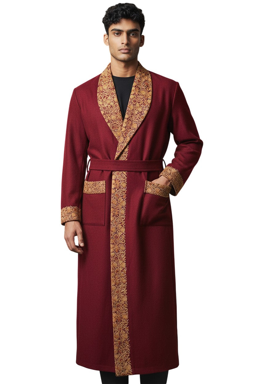 Men Woolen Nightgown Dressing Gown Sleep And Lounge Wear With Kashmiri Embroidery Free Size -Maroon