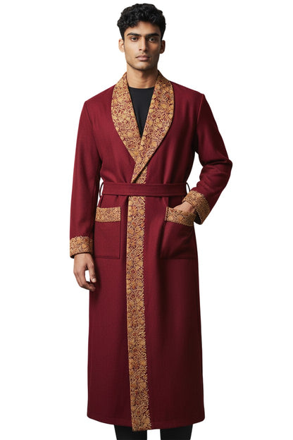 Men Woolen Nightgown Dressing Gown Sleep And Lounge Wear With Kashmiri Embroidery Free Size -Maroon