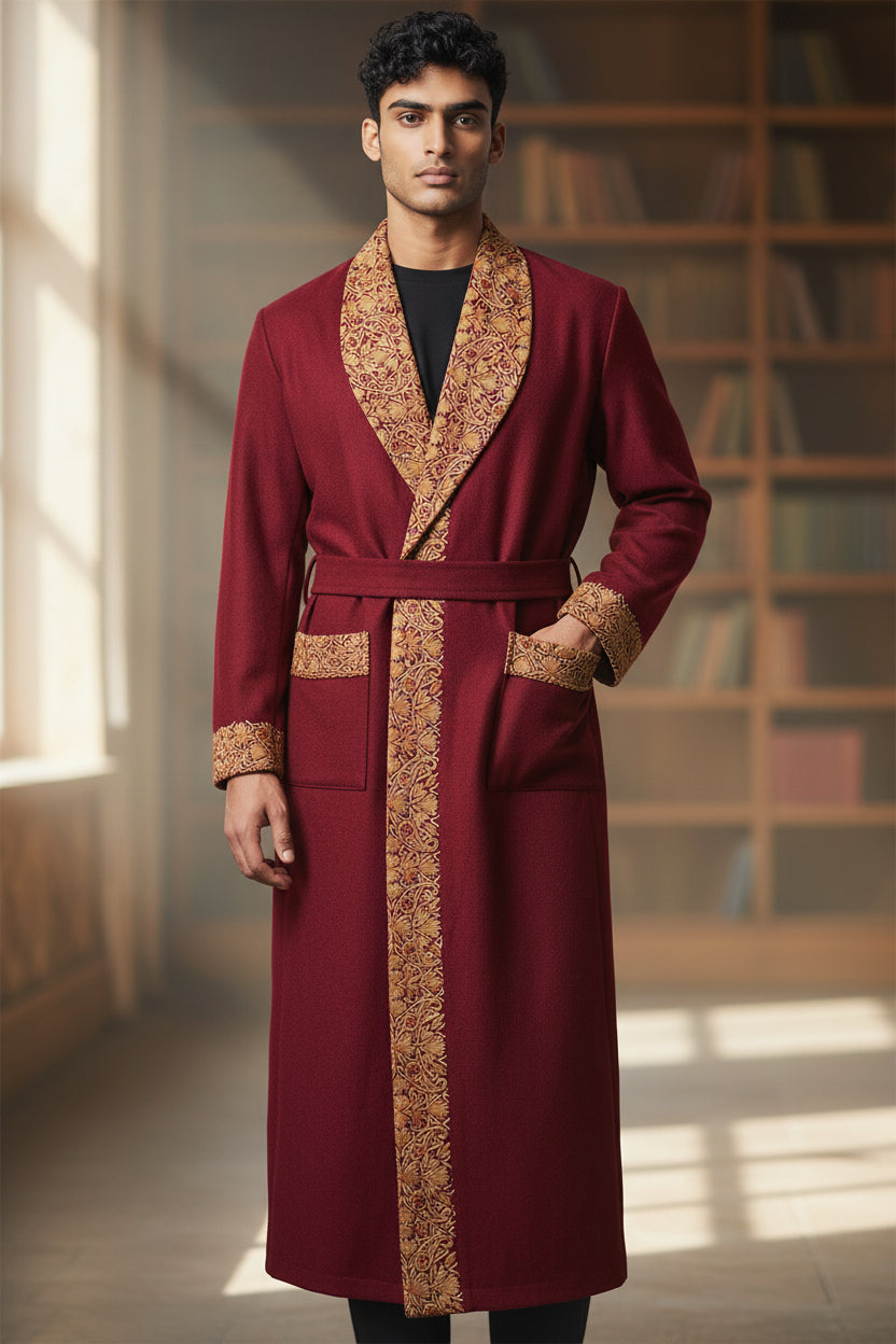 Men Woolen Nightgown Dressing Gown Sleep And Lounge Wear With Kashmiri Embroidery Free Size -Maroon