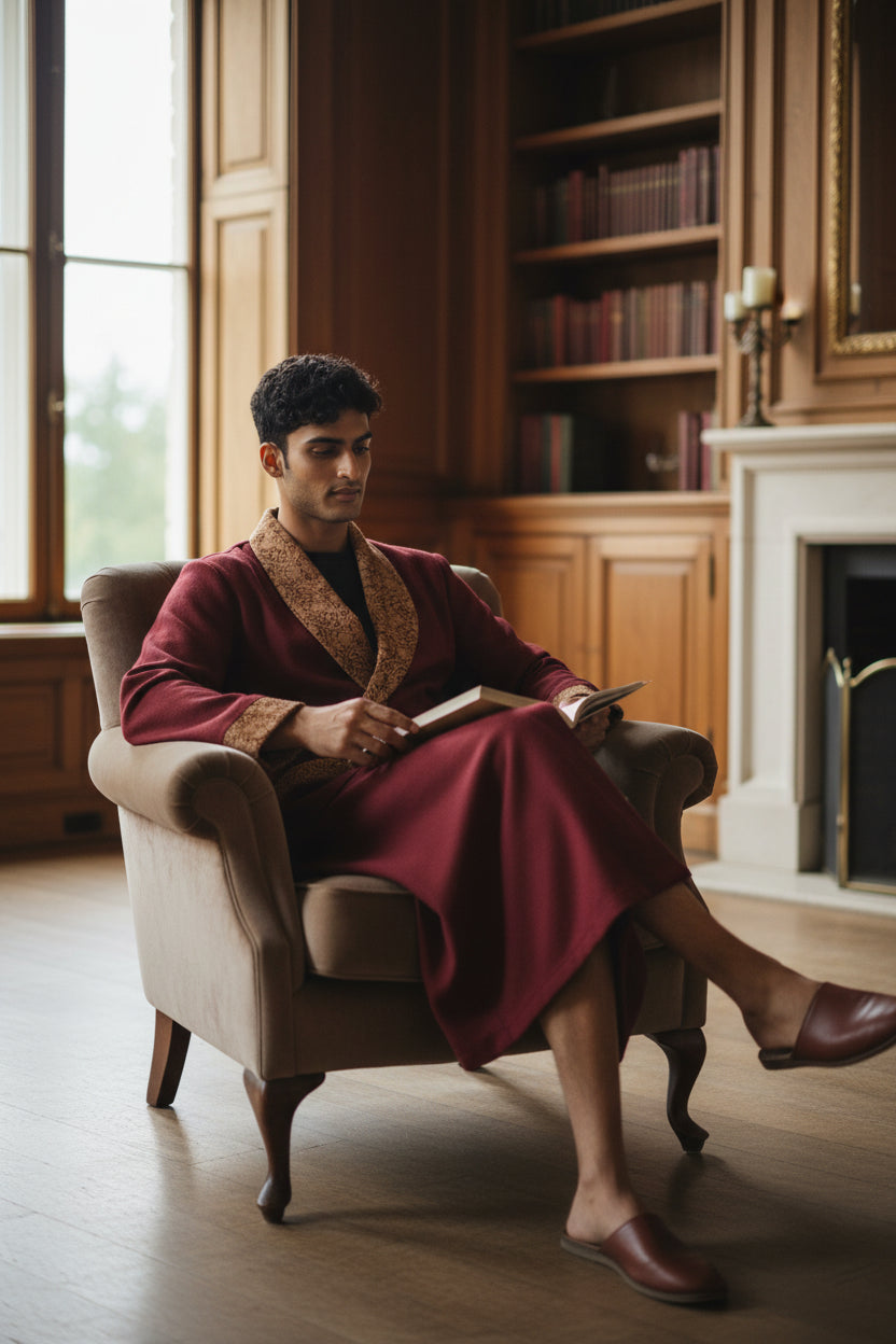 Men Woolen Nightgown Dressing Gown Sleep And Lounge Wear With Kashmiri Charming Embroidery Free Size-maroon