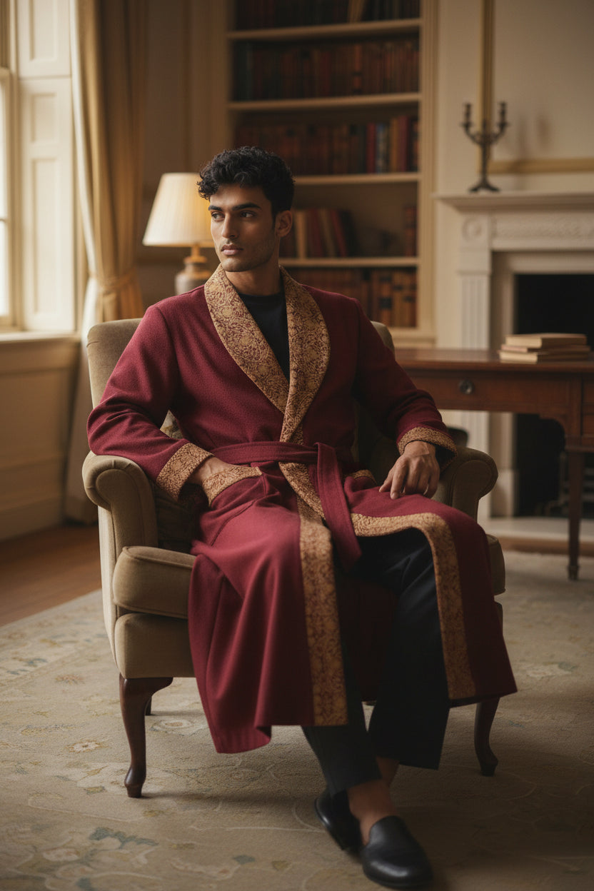 Men Woolen Nightgown Dressing Gown Sleep And Lounge Wear With Kashmiri Embroidery Free Size -Maroon